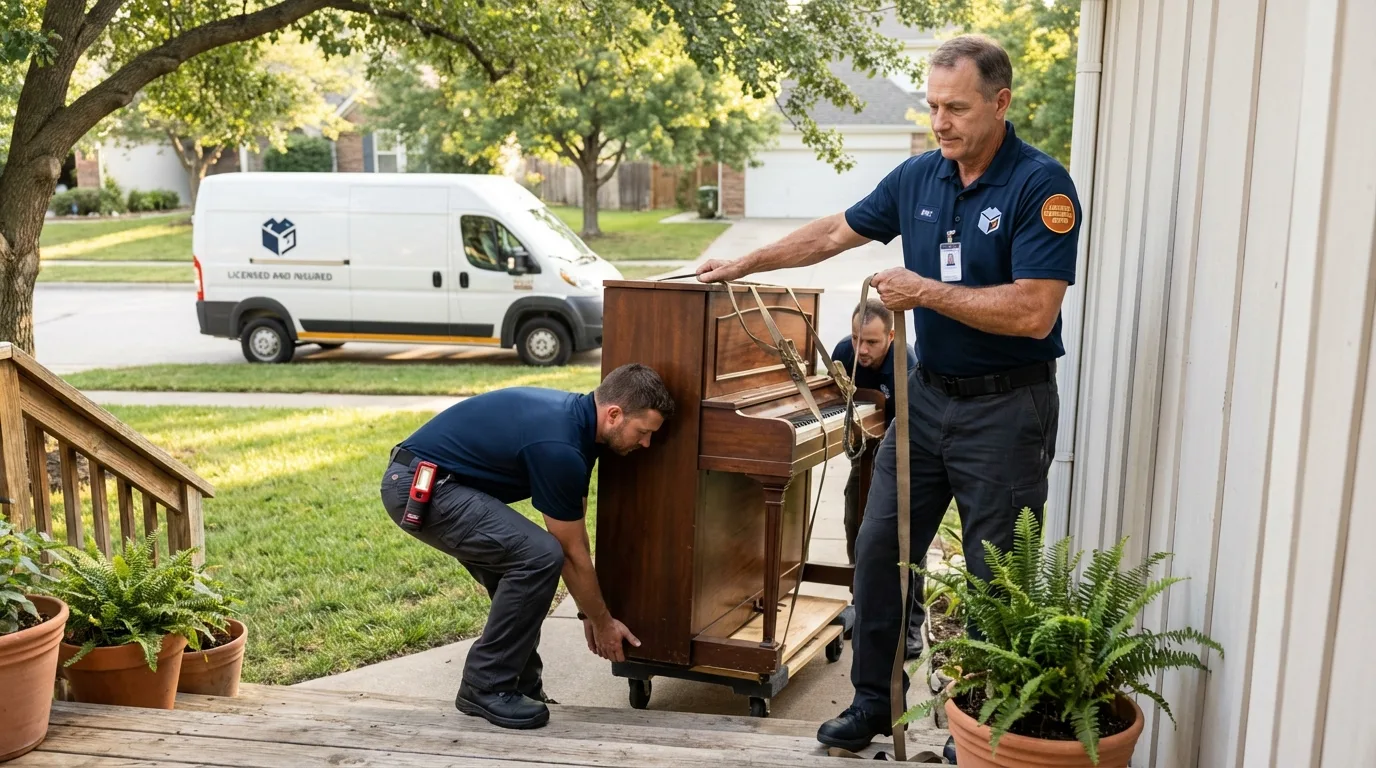 Licensed piano movers securing grand piano in Granite Falls, MN
