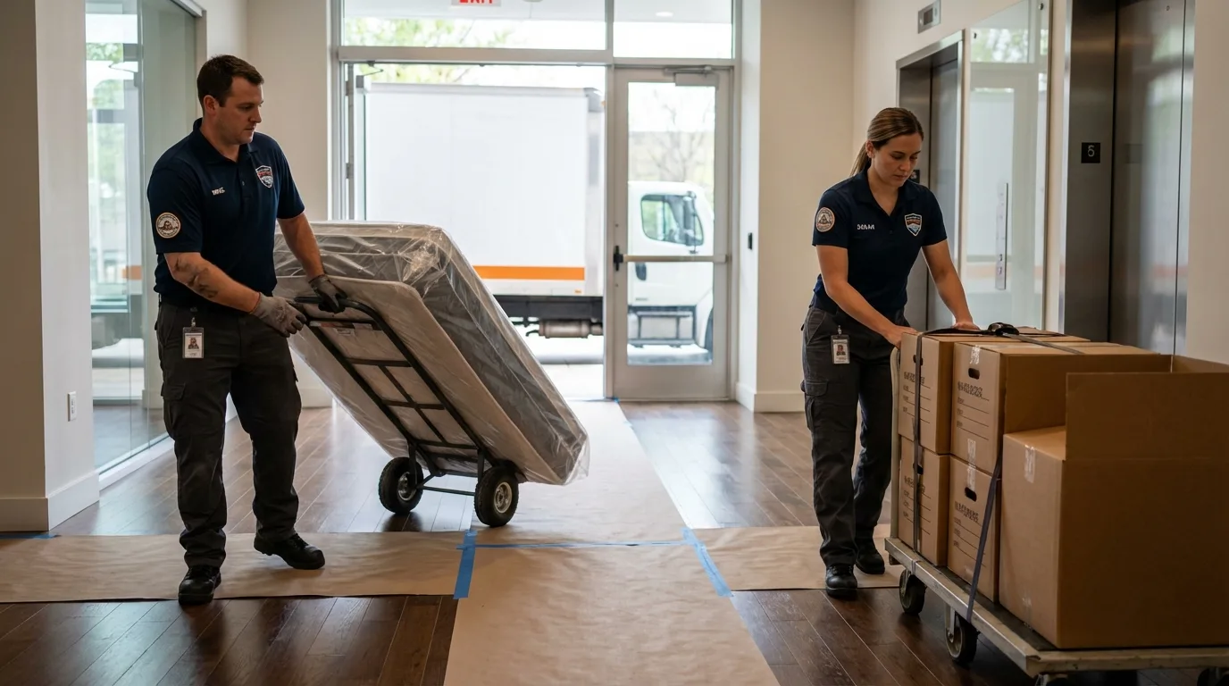 Professional apartment movers loading elevator in Granite Falls, MN