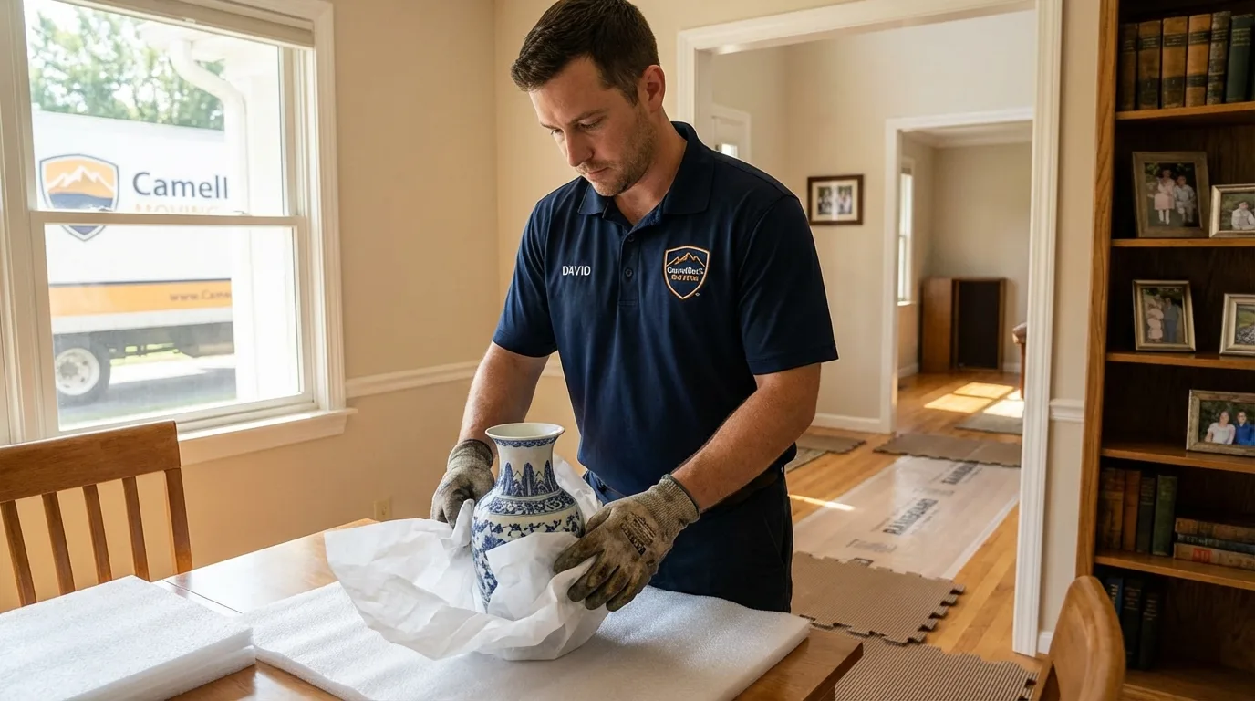 Professional crew carefully wrapping antique vase for senior downsizing move in Granite Falls, MN